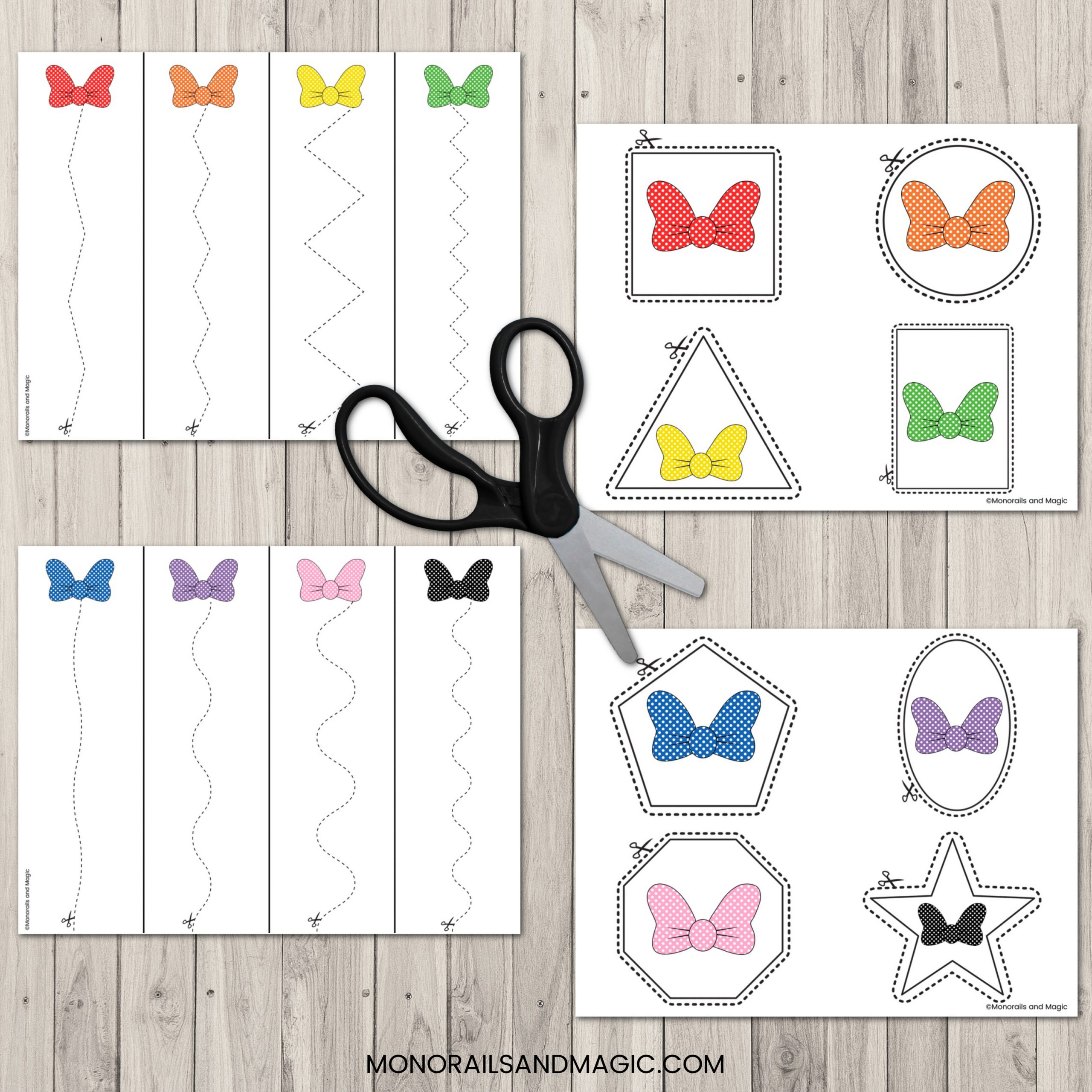 minnie bow colors cutting practice free printable - monorails and